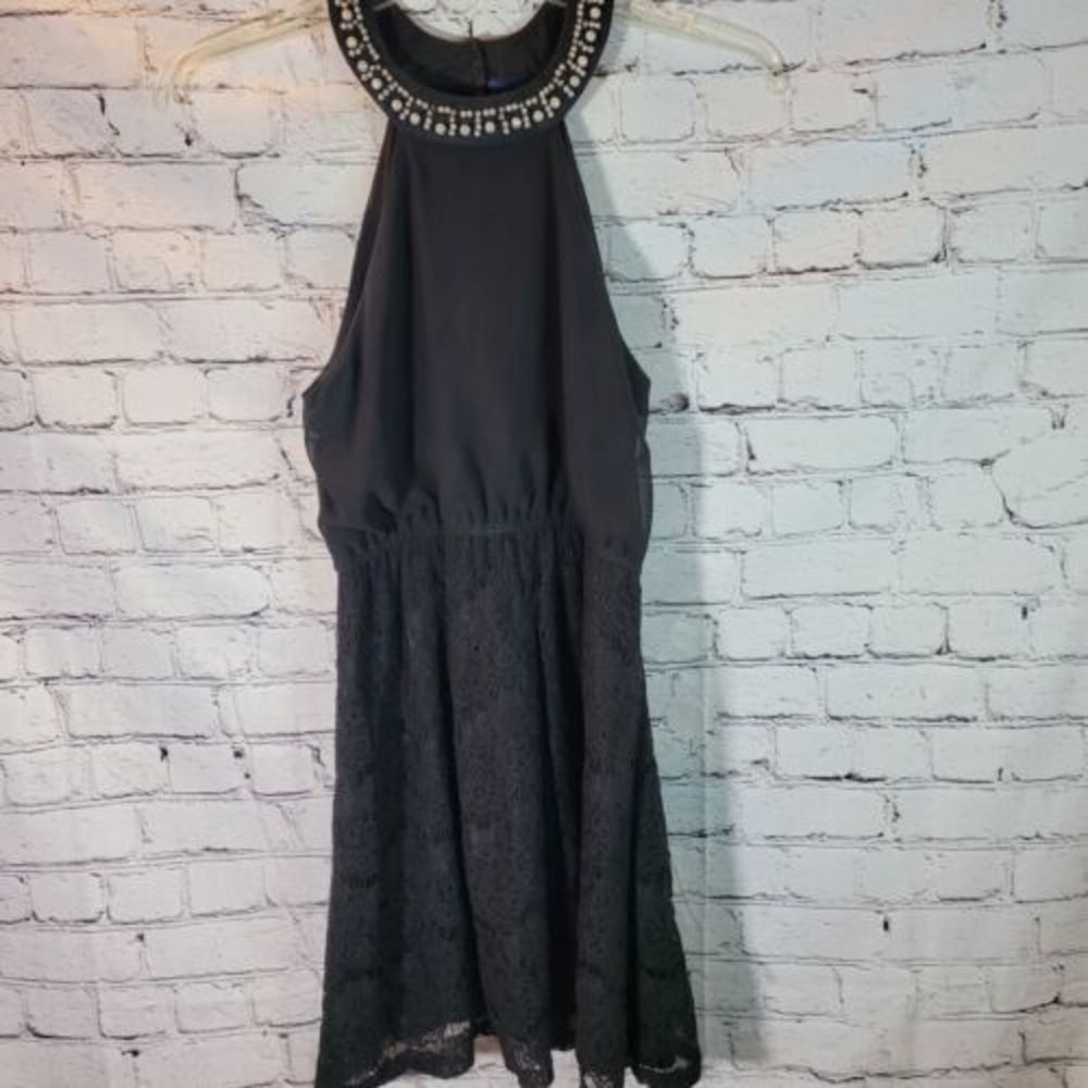 Blue Rain Halter Dress Womens Small Black Excellent Pearl Embellished Lace Skirt